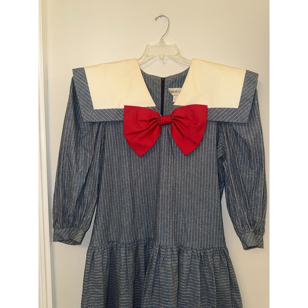Leslie Lucks Vintage 80's Dress Size 14 Blue Sailor Collar RED BOW shoulder Pads